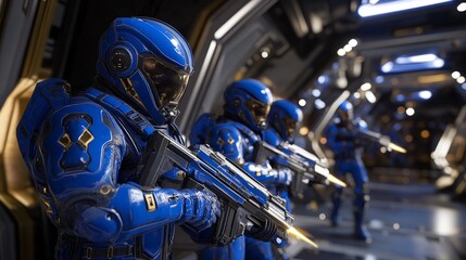 Fototapeta premium A team of futuristic soldiers in streamlined blue spacesuits, navigating through the interior of a spaceship during a rescue operation, with highly intricate details and 20k quality realism.