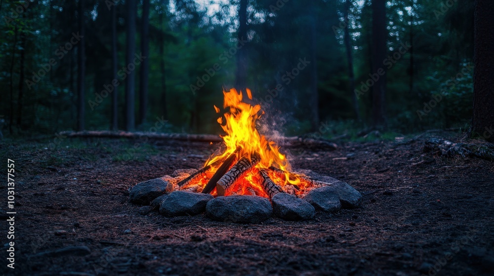 Wall mural cozy campfire in a forest clearing with glowing flames and surrounding trees at dusk