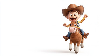 Fototapeta premium 3D cartoon style cowboy riding bouncing horse, showcasing joy and excitement. character wears cowboy hat and checkered shirt, embodying playful spirit