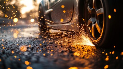A slow-motion shot of a car tire hitting the road, with sparks flying from the point of impact as the vehicle drifts around a corner.