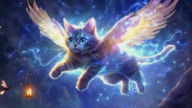 Magical Cats Fly with Light Wings