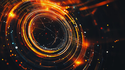 Obraz premium Abstract black background with Colorful circle lines. Digital future technology . Abstract business connection of lines from nodes innovation of communication in the network.
