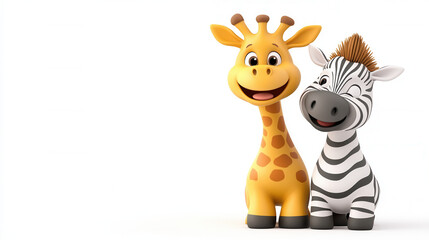 Cute cartoon style giraffe and zebra are happily playing together, showcasing their friendship and joy. Their vibrant colors and cheerful expressions create delightful scene