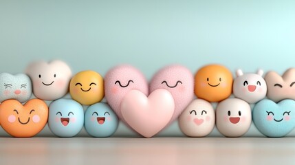 Colorful, cheerful characters and hearts arranged in a playful display.