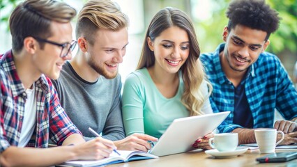 Cheerful Young People Studying Together: A Group Focused on Exam Preparation at a Study Table	
