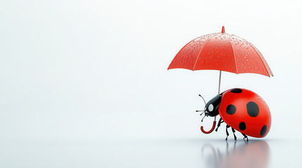 3D cartoon style ladybug holding small red umbrella, showcasing whimsical and playful design. ladybug features distinct black spots and shiny appearance, evoking cheerful mood