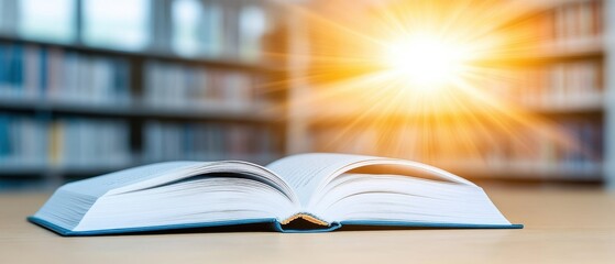 An open book basking in warm sunlight, inviting readers to explore its pages in a serene library setting.