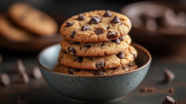 a bowl of chocolate chip cookies on a table