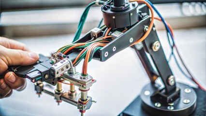 Close-Up of Robotic Arm Assembly with Visible Servo Motors and Wiring	

