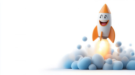 cheerful cartoon style rocket ship is blasting off, surrounded by fluffy clouds and vibrant flames. playful design evokes sense of adventure and excitement