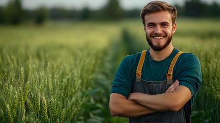 Naklejka premium Smiling farmer in a wheat field, showcasing agricultural lifestyle.