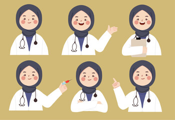 vector illustration of a cute hijab doctor in various poses