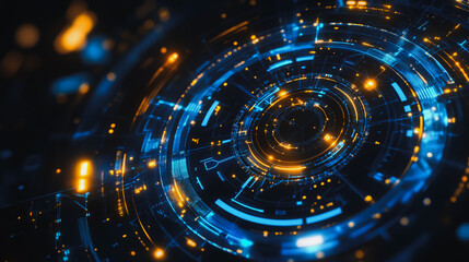 Obraz premium Abstract black background with Colorful circle lines. Digital future technology . Abstract business connection of lines from nodes innovation of communication in the network.