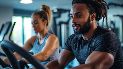 Fototapeta premium A focused workout session showcasing a man and a woman exercising on fitness equipment in a modern gym environment.