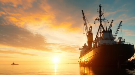 Fototapeta premium Cargo ship silhouette against a stunning sunset over the ocean.