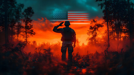 Soldier saluting against a dramatic sunset with American flag.