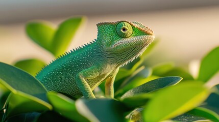 Obraz premium Captivating close-up of a chameleon camouflaged among lush green leaves in nature's bounty showcasing its unique features and coloration