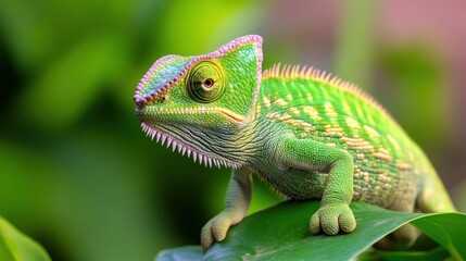 Fototapeta premium Vibrant green chameleon posing on leaf in lush environment highlighting nature's beauty and reptilian diversity