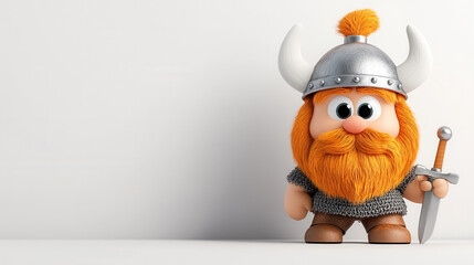 Cute cartoon style Viking character with helmet and sword, featuring fluffy orange beard and chainmail armor, ready for adventure