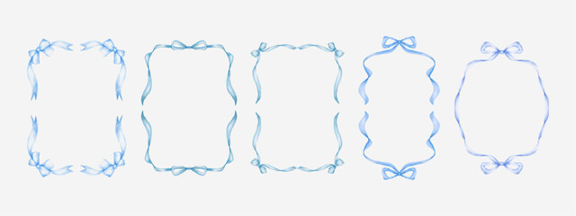 Ribbon Bow frame border set watercolor art style for christmas or valentine banner, invitation, cards.