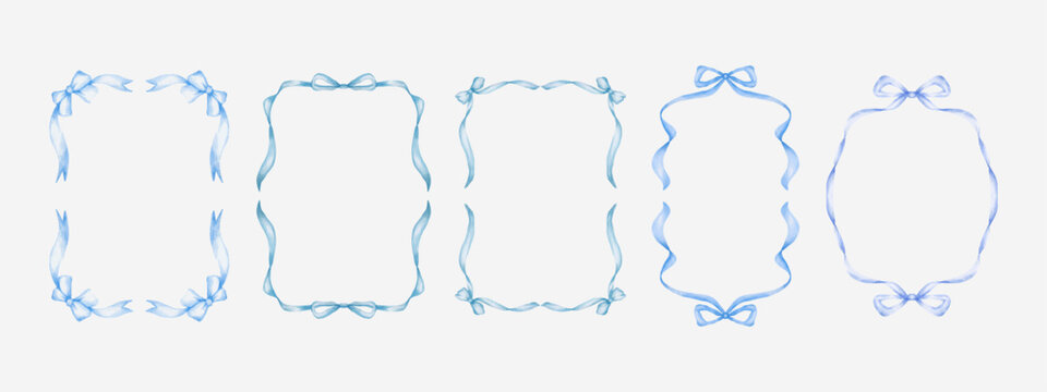 Ribbon Bow frame border set watercolor art style for christmas or valentine banner, invitation, cards.