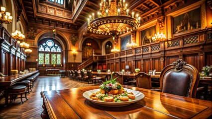 Elegant Food Presentation in Ornate Wooden Courtroom Interior