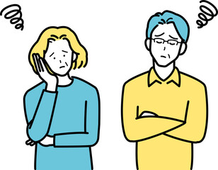 悩む、考えるシニア夫婦のイラスト