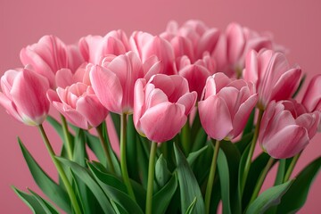Fototapeta premium A bouquet of pink tulips against a pink background