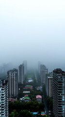 Fototapeta premium A front view of a city smog gradually lifting, revealing green rooftops, parks, and cleaner streets below