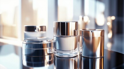 A luxurious 3D rendering of skin care products in sleek metallic containers, displayed on a reflective surface with detailed textures and light reflections.