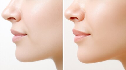 Close-up of a woman's profile showcasing skin texture and beauty. Side-by-side comparison illustrating smoothness and glow.