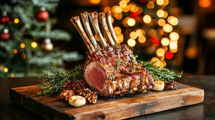 Succulent rack of lamb served on a wooden platter with festive decorations