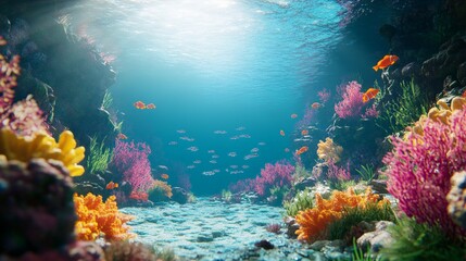 Naklejka premium A realistic underwater scene with colorful coral reefs and fish swimming in clear blue water, sunlight casting rays from above.