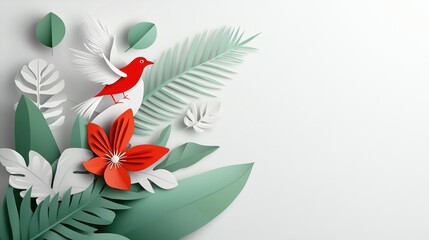 Obraz premium Colorful paper cut flowers and leaves with a vibrant bird on a white background.
