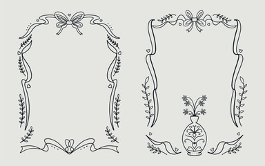 Floral frame set vintage style with ribbon bow, vase and love element. line art style.