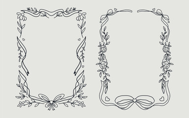 Floral frame border set vintage style with ribbon bow and love element. line art style.