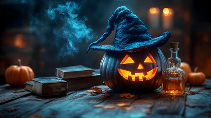 Naklejka premium A spooky Halloween scene with a carved pumpkin and potion.