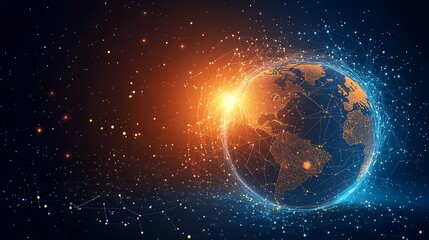Obraz premium A glowing globe with digital connection lines wrapping around it, symbolizing global data networks, set against a dark background. 