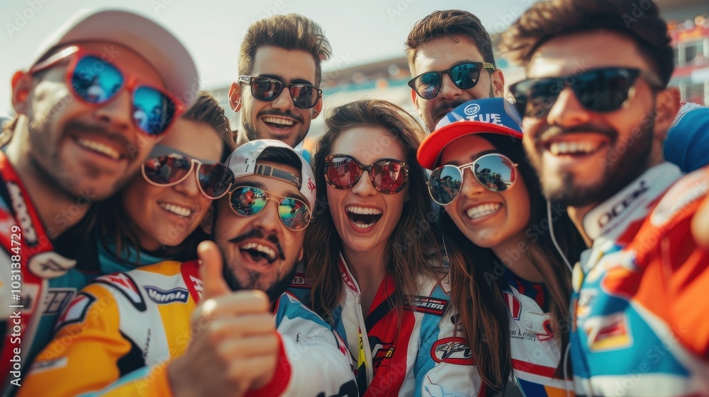 Wall mural excited group of motogp fans posing for photo, showcasing vibrant team colors and sunglasses, captur