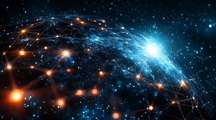 Obraz premium A glowing globe with digital connection lines wrapping around it, symbolizing global data networks, set against a dark background. 