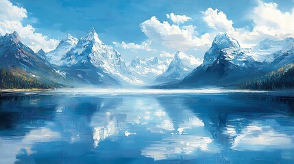 Fototapeta premium Mountain Lake Reflection Painting Blue Sky Cloudy Snow Capped Peaks