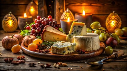 Fototapeta premium Elegant Low Light Photography of an Engraved Cheese Plate with Generative AI Design