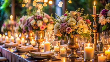 Elegant Low Light Wedding Table Decoration with Culinary Delights and Romantic Ambiance