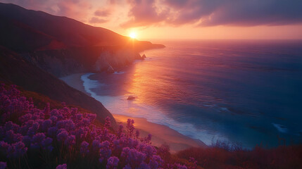Serene sunset over a coastal landscape with vibrant flowers.