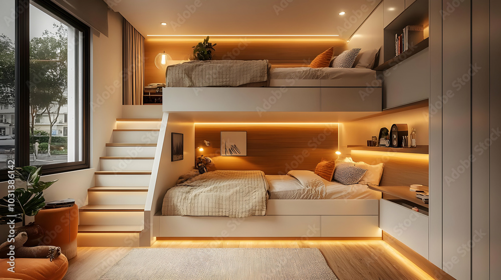 Sticker Modern bedroom design with bunk beds and warm lighting.