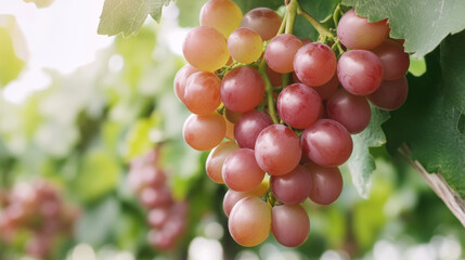 Juicy fresh grapes on vine, plump and ready to eat, glistening in sunlight.