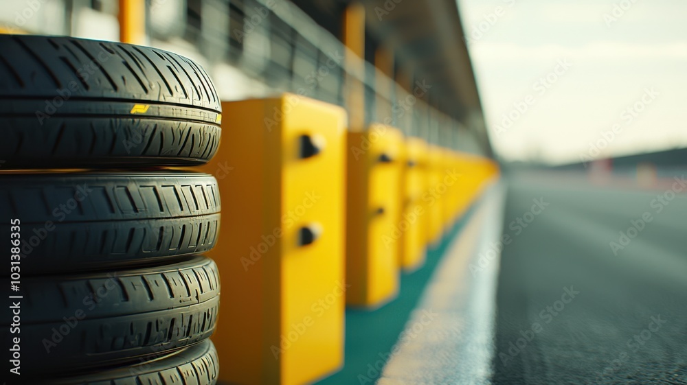 Wall mural close up of safety barriers and tire walls at racetrack, showcasing vibrant yellow barriers and text