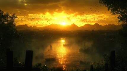 Obraz premium Serene sunset over a river with mountains in the background.