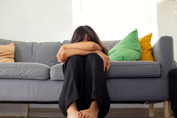 Depression Woman Crying Hug Her Knee While Sitting on The Floor
