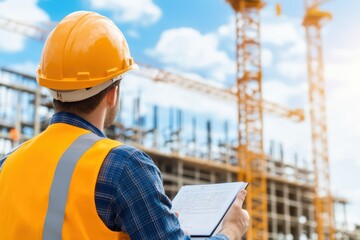Construction worker reviewing plans on site, overseeing project with cranes and scaffolding in the background under a clear sky.